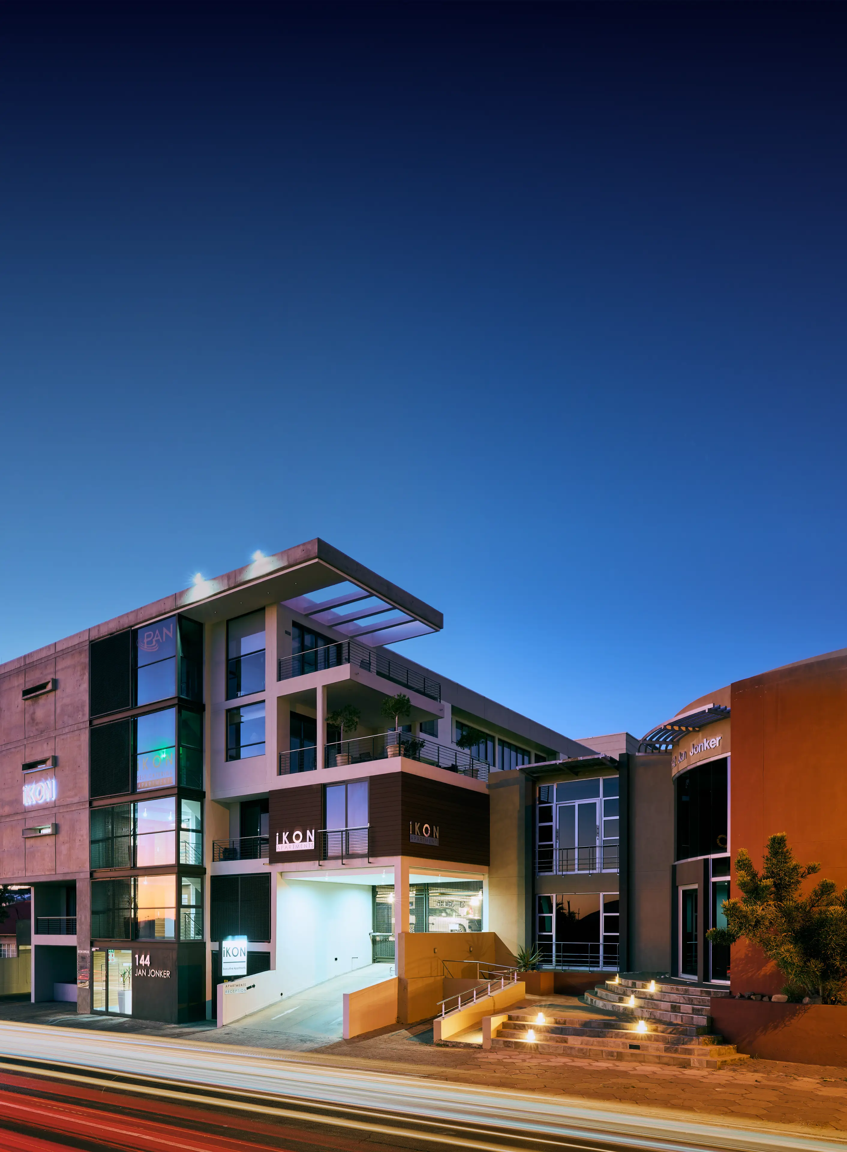 Exterior view of the modern iKON self-catering luxury apartment building in Windhoek, Namibia